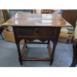A late 17th/early 18th century oak side table with single inset drawer and on turned legs 72cm h