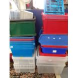 A group of 20+ plastic storage boxes together with one wooden box in the vintage style. Location:SR