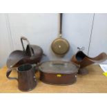 A mixed lot of Victorian and later copper and brassware to include a large oval lidded casserole pot