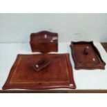 A mid century faded leather desk set comprising writing panel with lift up top, stationery box
