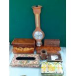 A group of walnut and parquetry cigarette and other boxes and desk tidies, an Indian paper mace