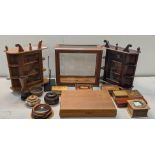 Mixed treen items to include wall hanging, display shelfs, canteen cutlery and mixed boxes Location: