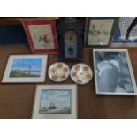 A pair of signed Ashley decorative plates, an Alan Whitehead watercolour of moored boats, a late