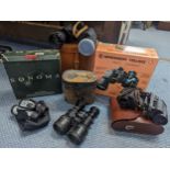 A mixed group of binoculars to include a Carl Zeiss example, early 20th century Duval Aine Annecy,