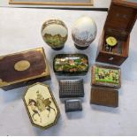A collection of decorative boxes along with a brass mounted example, lacquered examples decorated