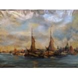 A 20th century Continental harbour scene with many sail boats to the foreground, oil on canvas,