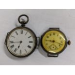 Two silver cased wrist watches, trench watches, Tate Victorian fob watch converted to a wristwatch