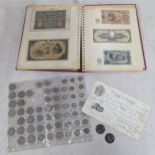 A collection of mixed coins and world banknotes to include British 10 shilling and one pound