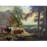 English School - 19th century - cattle resting at a watering hole, thatched cottage behind, set in