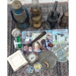 A mixed vintage lot to include a late 19th century lamp, an oil lamp, a truncheon, car badges,