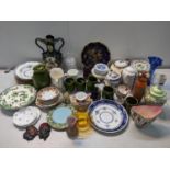 A mixed lot to include a Victorian majolica dish, Holkham tea set, Galle style vase, Maling china