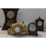 Four clocks to include a French gilt metal clock, Regency style mantel clock and others Location: