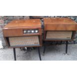 A 1962 Dynatron Mazurka music system within 2 units on legs with Garrard turntable enclosed together