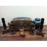 A group of Asian and Chinese items to include a carved trinket box with brass lock, Chinese root