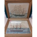 Two mid 20th Century embroidered pictures of sailing vessels, 50cm x 37cm, in gilt frames.