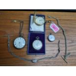 Three silver cased open faced pocket watches, one in a box, another a ladies example, a gold