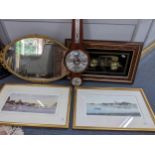 A mixed lot to include a barometer, gild metal mirror, two signed limited edition prints and a