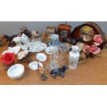 A mixed lot to include household ornaments, glass, 3 mantel clocks, crystal jug, Carnival glass