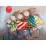A Joyce Royal overpainted print of a comical group of cyclists in a modern frame and other