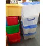 A quantity of plastic storage boxes. Location:SR
