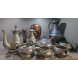 Arts & Crafts pewter tea set comprising tea part, milk jug and sugar and others along with a