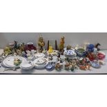 A large mixed lot to include Victorian cranberry glass, brass oil lamp, Doulton Toby jug, silver