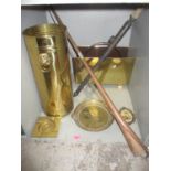 A selection of brass and copper ware to include a magazine rack, copper post horn, Victorian twin