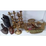 Mixed brassware and other items to include an early 20th century brass des tidy and small