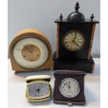A Victorian marble mantel clock, together with a Smiths mantel clock and two travel clocks Location: