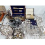 Mixed silver plate, flatware and cutlery to include collectors spoons and silver collared butter