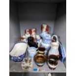A selection of 19th century and later ceramics to include Staffordshire dogs, copper lustre ware,