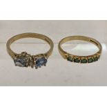 Two 9ct gold rings, one set with green pave stones, one set with possibly Tanzanite, total weight