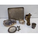 A spelter cigarette lighter fashioned as a woman, silver plate to include an entree dish, vase,