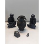 A group of oriental items to include a pair of signed seated figures, a cloisonne vase, a soap stone