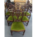 Six Chippendale inspired mahogany dining shield back chairs having stuffed green upholstery