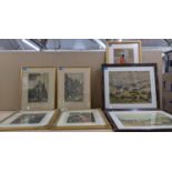 A mixed lot of paintings and prints to include two etchings of Winchester Cathedral and Petergate,