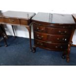 A small mahogany bow fronted chest with brush slide and a side table with single drawer. Location: