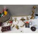 Homeware to include numerous candles, brass bathroom fittings, an Art Deco metal figural lamp, and