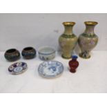 Oriental artifacts to include a pair of cloisonne vases, an 18th century Chinese Imari dish A/F,