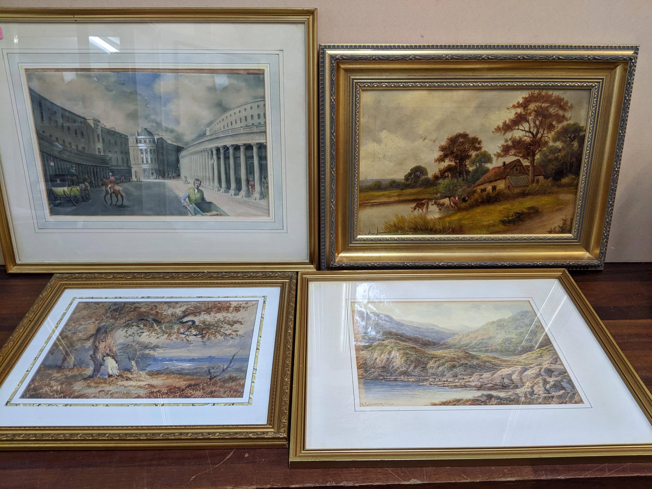 Group of three watercolours and a 19th century oil painting to include a watercolour of the Quadrant