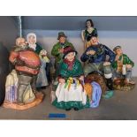 Royal Doulton figures to include Falstaff, The Wayfarer, Silks and ribbons, The rag doll seller, The