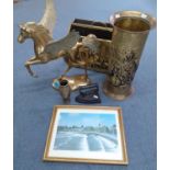 Brass ornaments and household items to include a large model of Pegasus 43cm high and a brass clad