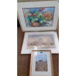 Three pictures comprising a 1990 William H North watercolour of a rural pond scene, a Fredrica Craig