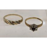 Two 9ct gold rings, one in the form of a flower set with a central sapphire and set with diamonds,