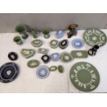 Wedgwood Jasper stoneware to include blue, green and black examples, along with a Royal Doulton