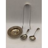Mixed silver to include sugar tongs, pin dish and other items Location: