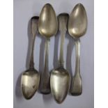 A matched set of four silver Georgian and later fiddle pattern spoons, 185.2g Location: