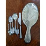 Mixed silver to include Georgian and later spoons, 72.5g, together with a silver handled knife and