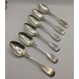 Three silver fiddle pattern dessert spoons, London 1836, Mary Chawner, and another three fiddle