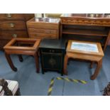 A Chinese black lacquered cabinet together with a pair of Chinese rectangular topped occasional